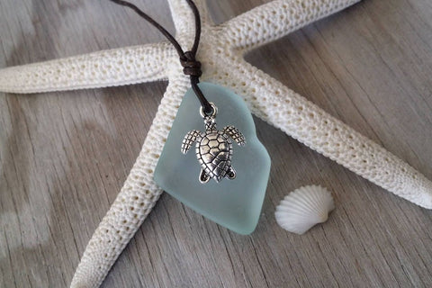 Hawaiian Jewelry Sea Glass Necklace, Seafoam Turtle Necklace Leather Cord Necklace Unique Necklace Beach Jewelry Unisex Sea Glass Jewelry