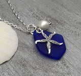 Hawaiian Jewelry Sea Glass Necklace, Cobalt Blue Necklace Pearl Starfish Necklace, Sea Glass Jewelry Birthday Gift (September Birthstone)