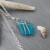 Hawaiian Jewelry Sea Glass Necklace, Wire Cross Necklace Turquoise Necklace Blue Necklace, Beach Jewelry Birthday Gift (December Birthstone)