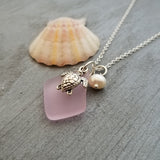 Hawaiian Jewelry Sea Glass Necklace, Pink Necklace Turtle Necklace Pearl Beach Sea Glass Jewelry Birthday Gift  (October Birthstone Jewelry)