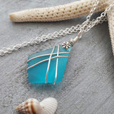 Hawaiian Jewelry Sea Glass Necklace, Wire Cross Necklace Turquoise Necklace Blue Necklace, Beach Jewelry Birthday Gift (December Birthstone)