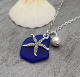 Hawaiian Jewelry Sea Glass Necklace, Cobalt Blue Necklace Pearl Starfish Necklace, Sea Glass Jewelry Birthday Gift (September Birthstone)
