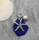 Hawaiian Jewelry Sea Glass Necklace, Cobalt Blue Necklace Pearl Starfish Necklace, Sea Glass Jewelry Birthday Gift (September Birthstone)