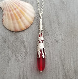 Hawaiian Jewelry Sea Glass Necklace, Red Necklace Long Teardrop Necklace, Sea Glass Jewelry Unique Birthday Gift(January Birthstone Jewelry)