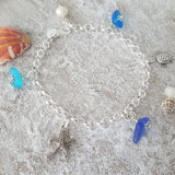 Three Colors of the Hawaiian Ocean, sea glass bracelet, starfish charm, turtle charm, Natural pearl, FREE gift wrap gift message