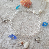 Three Colors of the Hawaiian Ocean, sea glass bracelet, starfish charm, turtle charm, Natural pearl, FREE gift wrap gift message