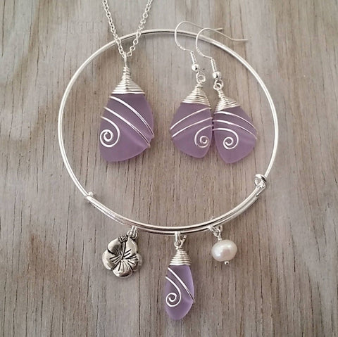 Handmade in Hawaii, Wire wrapped "Magical Color Changing" Purple necklace  earrings  bracelet jewelry set, Hibiscus