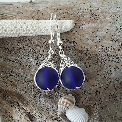 Hawaiian Jewelry Sea Glass Earrings, Braided Small Round Cobalt Blue Earrings Heart Earrings, Sea Glass Jewelry (September Birthstone Gift)