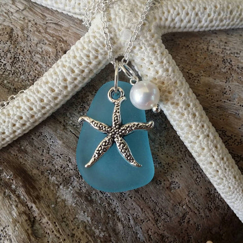 Made in Hawaii, Blue sea glass necklace, Starfish  charm, Fresh water pearl,   gift box, Hawaii beach jewelry gift