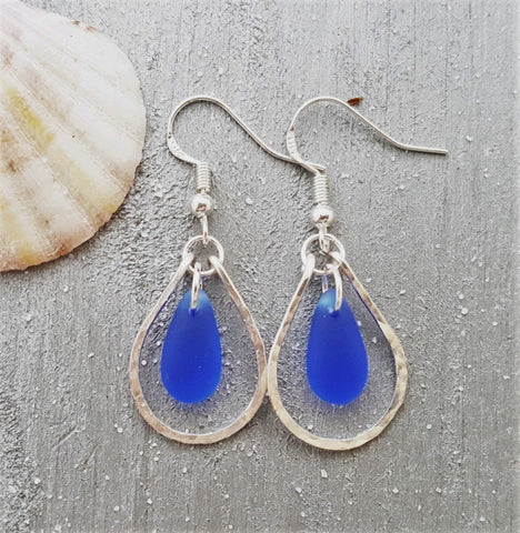 Hawaiian Jewelry Sea Glass Earrings, Hammered Loop Wire Cobalt Blue Earrings, Sea Glass Jewelry Birthday Gift (September Birthstone Jewelry)