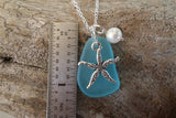 Made in Hawaii, Blue sea glass necklace, Starfish  charm, Fresh water pearl,   gift box, Hawaii beach jewelry gift