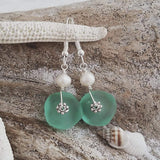 Hawaiian Jewelry Sea Glass Earrings, Aquamarine Earrings Pearl Earrings, Sea Glass Jewelry Beachy Unique Earrings(March Birthstone Jewelry)
