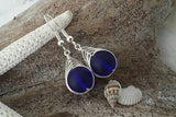 Hawaiian Jewelry Sea Glass Earrings, Braided Small Round Cobalt Blue Earrings Heart Earrings, Sea Glass Jewelry (September Birthstone Gift)
