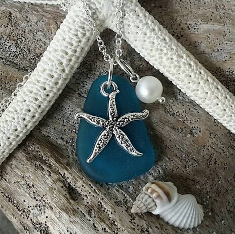 Hawaiian Jewelry Sea Glass Necklace, Teal Handmade Necklace Pearl Starfish Necklace Beach Jewelry For Girls Sea Glass Jewelry For Women