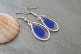 Hawaiian Jewelry Sea Glass Earrings, Hammered Loop Wire Cobalt Blue Earrings, Sea Glass Jewelry Birthday Gift (September Birthstone Jewelry)