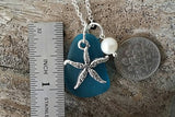 Hawaiian Jewelry Sea Glass Necklace, Teal Handmade Necklace Pearl Starfish Necklace Beach Jewelry For Girls Sea Glass Jewelry For Women