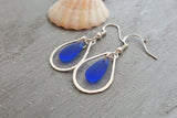 Hawaiian Jewelry Sea Glass Earrings, Hammered Loop Wire Cobalt Blue Earrings, Sea Glass Jewelry Birthday Gift (September Birthstone Jewelry)