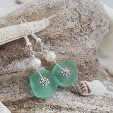 Hawaiian Jewelry Sea Glass Earrings, Aquamarine Earrings Pearl Earrings, Sea Glass Jewelry Beachy Unique Earrings(March Birthstone Jewelry)