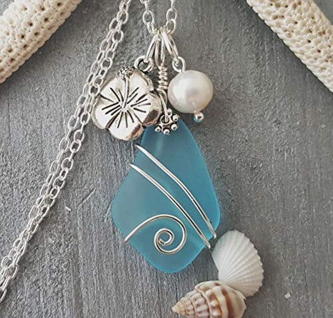 Hawaiian Jewelry Sea Glass Necklace, Wire Turquoise Necklace Blue Necklace, Hibiscus Pearl Necklace, Sea Glass Jewelry (December Birthstone)