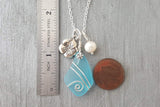 Hawaiian Jewelry Sea Glass Necklace, Wire Turquoise Necklace Blue Necklace, Hibiscus Pearl Necklace, Sea Glass Jewelry (December Birthstone)