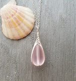 Hawaiian Jewelry Sea Glass Necklace, Braided Pink Necklace Teardrop Necklace, Sea Glass Jewelry Birthday Gift (October Birthstone Jewelry)