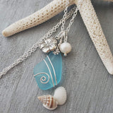 Hawaiian Jewelry Sea Glass Necklace, Wire Turquoise Necklace Blue Necklace, Hibiscus Pearl Necklace, Sea Glass Jewelry (December Birthstone)