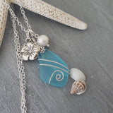 Hawaiian Jewelry Sea Glass Necklace, Wire Turquoise Necklace Blue Necklace, Hibiscus Pearl Necklace, Sea Glass Jewelry (December Birthstone)