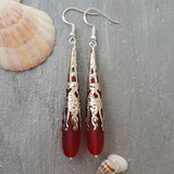 Hawaiian Jewelry Sea Glass Earrings, Ruby Red Earrings Long Teardrop Earrings, Sea Glass Jewelry Birthday Gift (July Birthstone Jewelry)