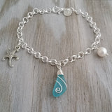 Handmade in Hawaii, wire wrapped blue sea glass chain bracelet, Starfish charm, Natural pearl, Hawaiian jewelry