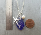 Hawaiian Jewelry Sea Glass Necklace, Wire Cobalt Blue Necklace Starfish Necklace Pearl Necklace, Sea Glass Jewelry (September Birthstone)