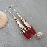 Hawaiian Jewelry Sea Glass Earrings, Ruby Red Earrings Long Teardrop Earrings, Sea Glass Jewelry Birthday Gift (July Birthstone Jewelry)