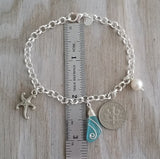 Handmade in Hawaii, wire wrapped blue sea glass chain bracelet, Starfish charm, Natural pearl, Hawaiian jewelry