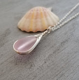 Hawaiian Jewelry Sea Glass Necklace, Braided Pink Necklace Teardrop Necklace, Sea Glass Jewelry Birthday Gift (October Birthstone Jewelry)