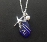 Hawaiian Jewelry Sea Glass Necklace, Wire Cobalt Blue Necklace Starfish Necklace Pearl Necklace, Sea Glass Jewelry (September Birthstone)