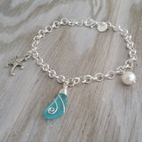 Handmade in Hawaii, wire wrapped blue sea glass chain bracelet, Starfish charm, Natural pearl, Hawaiian jewelry