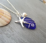 Hawaiian Jewelry Sea Glass Necklace, Wire Cobalt Blue Necklace Starfish Necklace Pearl Necklace, Sea Glass Jewelry (September Birthstone)