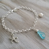 Handmade in Hawaii, wire wrapped blue sea glass chain bracelet, Starfish charm, Natural pearl, Hawaiian jewelry