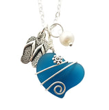 Hawaiian lifestyle "flip flop" charm,  Wire wrapped Teal Blue sea glass necklace, Natural pearl, Hawaiian handmade jewelry gift,