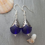 Hawaiian Jewelry Sea Glass Earrings, Retro Style Cobalt Blue Earrings, Sea Glass Jewelry Beach Earrings Birthday Gift (September Birthstone)