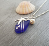 Hawaiian Jewelry Sea Glass Necklace, Wire Cobalt Blue Necklace Starfish Necklace Pearl Necklace, Sea Glass Jewelry (September Birthstone)