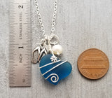 Hawaiian lifestyle "flip flop" charm,  Wire wrapped Teal Blue sea glass necklace, Natural pearl, Hawaiian handmade jewelry gift,