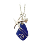 Hawaiian Jewelry Sea Glass Necklace, Wire Cobalt Blue Necklace Starfish Necklace Pearl Necklace, Sea Glass Jewelry (September Birthstone)