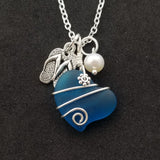 Hawaiian lifestyle "flip flop" charm,  Wire wrapped Teal Blue sea glass necklace, Natural pearl, Hawaiian handmade jewelry gift,