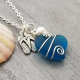 Hawaiian lifestyle "flip flop" charm,  Wire wrapped Teal Blue sea glass necklace, Natural pearl, Hawaiian handmade jewelry gift,