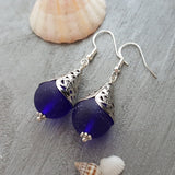 Hawaiian Jewelry Sea Glass Earrings, Retro Style Cobalt Blue Earrings, Sea Glass Jewelry Beach Earrings Birthday Gift (September Birthstone)
