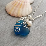 Hawaiian lifestyle "flip flop" charm,  Wire wrapped Teal Blue sea glass necklace, Natural pearl, Hawaiian handmade jewelry gift,