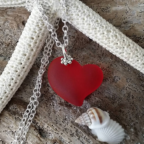 Hawaiian Jewelry Sea Glass Necklace, Red Necklace Heart Necklace, Sea Glass Jewelry Beach Jewelry Birthday Gift (January Birthstone Jewelry)