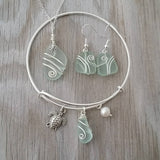 Hawaiian Jewelry Sea Glass Set, Seafoam Wire Wrapped Necklace Earrings Bracelet Jewelry Set, Unique Beachy Sea Glass Jewelry For Women