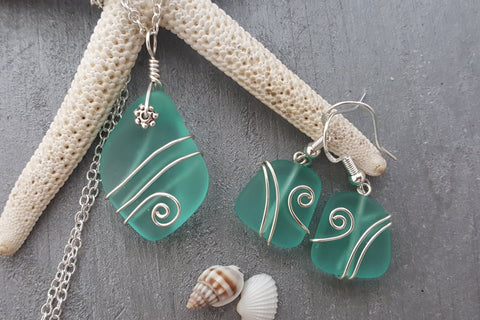 Hawaiian Jewelry Sea Glass Set, Wire Wrapped Aquamarine Necklace Earrings Jewelry Set, Sea Glass Jewelry Birthday Gift (March Birthstone)