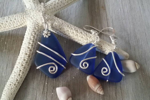 Hawaiian Jewelry Sea Glass Set, Wire Wrapped Cobalt Blue Necklace Earrings Jewelry Set, Birthday Gift Set(September Birthstone Jewelry Gift)